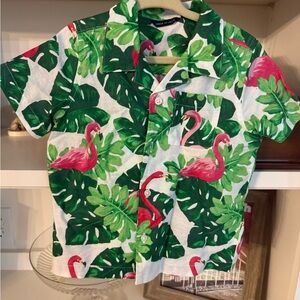 Janie and Jack Green and Pink Flamingo Button Down Shirt